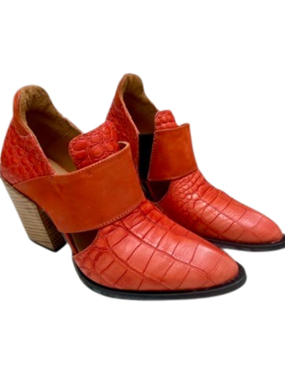 ✨NWOB✨ John Fluevog Room 502 Orange Croc Open-Sided Block Heel Booties